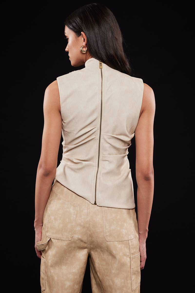BIEGE ASYMMETRIC PLEATHER MOCK NECK SLEEVELESS TOP-TI6804FO for wholesale on Faire6