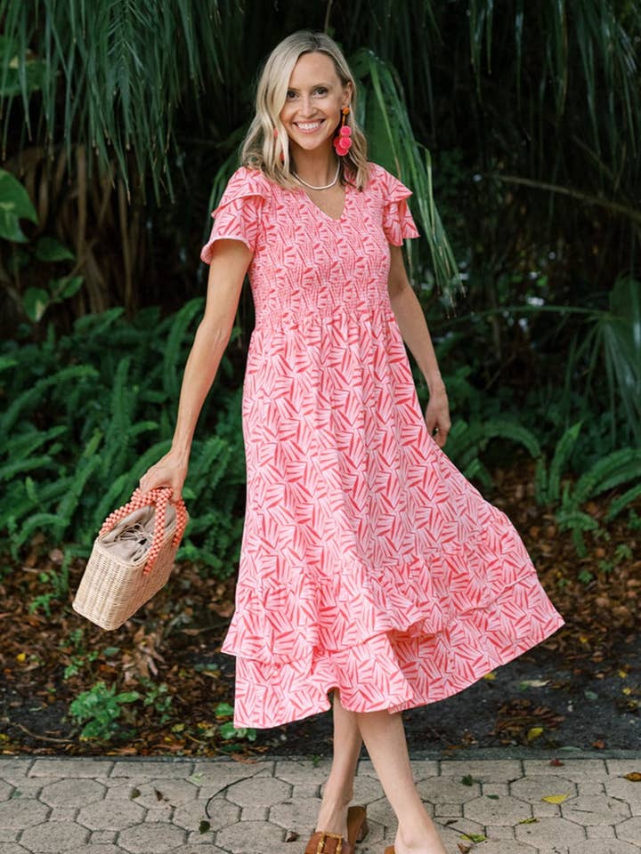 Mattie Dress in Coral Kaleidoscope for wholesale by Duffield Lane