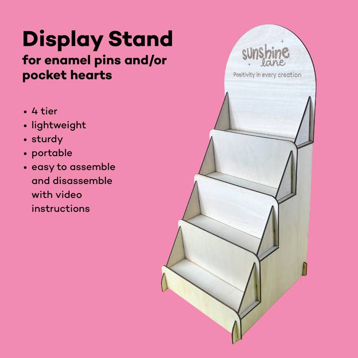 4 tier wooden display stand for enamel pins & pocket hearts for wholesale by Sunshine Lane