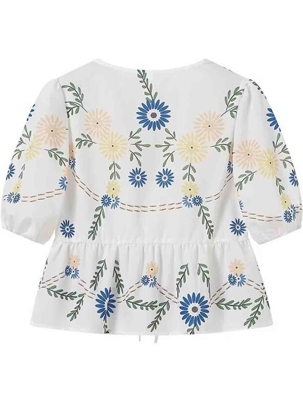 Sweetkama - Wholesale Blouse - Women's - Ladies Floral Print Front Bowknot Short Sleeves Puff Blouse6