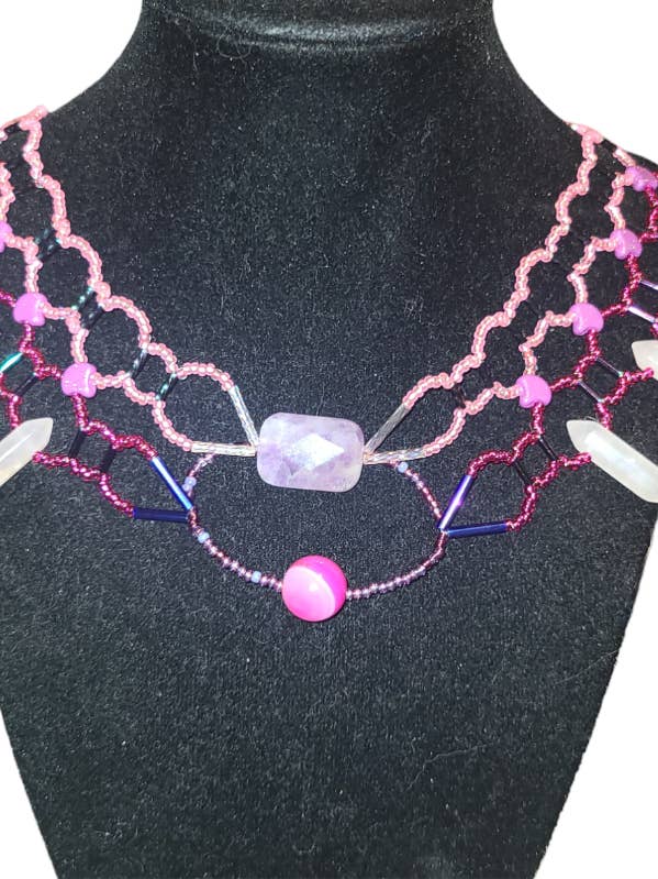 Rose Quartz Burnished Collar Necklace for wholesale by Tsuga Beadwork