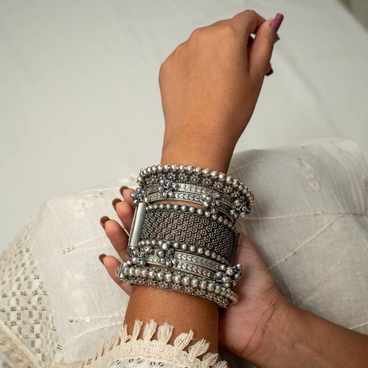 Silver Plated Antique Look Openable Kada with Ghunghroo for wholesale by Vastrabhushan