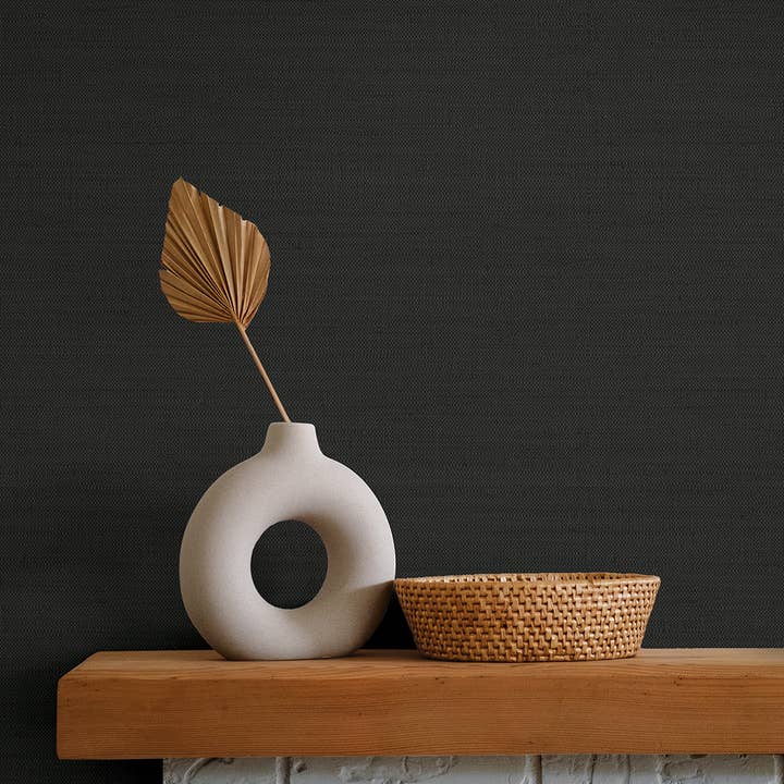 Horizontal Faux Grasscloth Black P&S Wallpaper, 28 sq. ft. for wholesale on Faire4