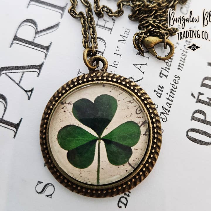 Vintage Shamrock Glass Pendant St. Patrick's Day Necklace for wholesale by Bungalow Blue Trading Co