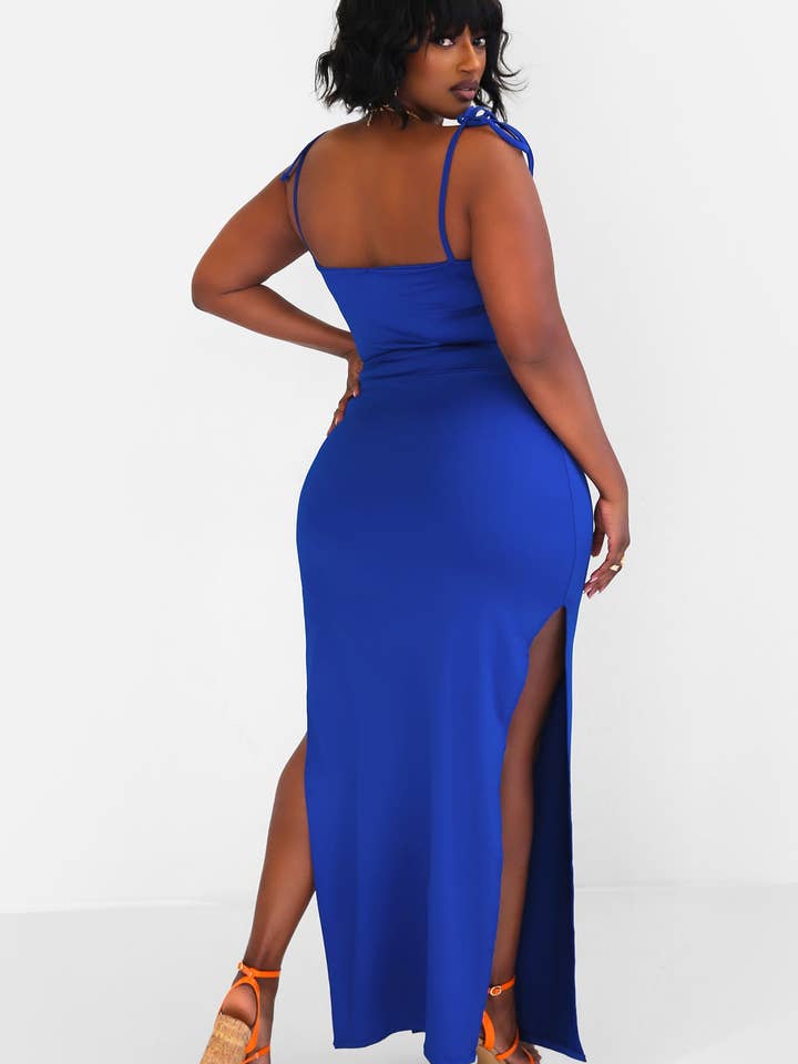 Hottie Tie Strap Crop Top & Thigh Slit Maxi Bodycon Skirt - Royal Blue for wholesale on Faire