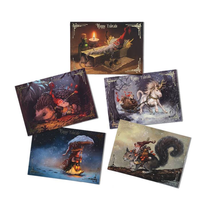 Weihnachtskarten-Set: Vergoldete Weihnachtszwerge (5er-Set) für den Großhandel von Valkiri LLC