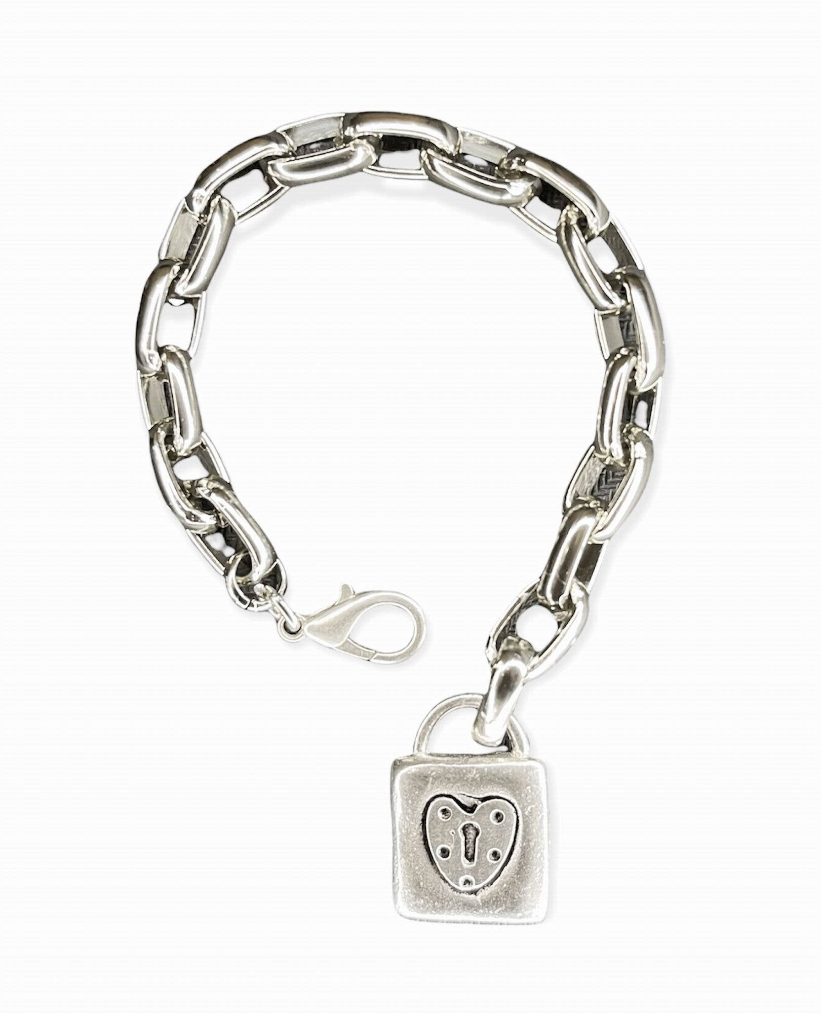 Gloria Mago - Vente Bracelets à breloques/pendentifs - Bracelet chaîne cadenas rectangulaire en argent