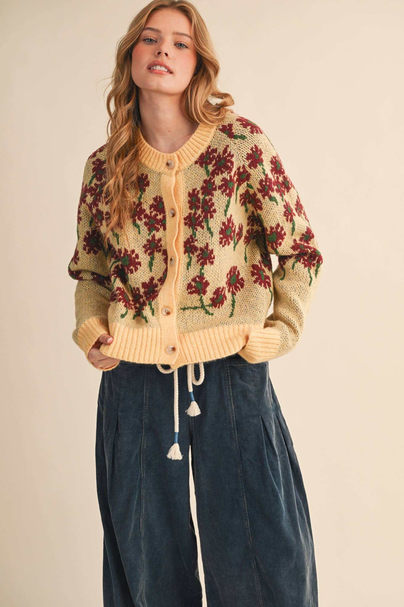 &MERCI - Wholesale Cardigan - Women's - FLORAL KNIT BUTTON DOWN SWEATER CARDIGAN MSW1123813