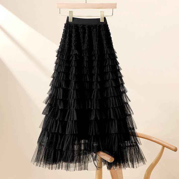 Sweetkama - Wholesale Skirt - Women's - Ladies Solid Color Ruffle Guazy Midi Skirt SKS411766