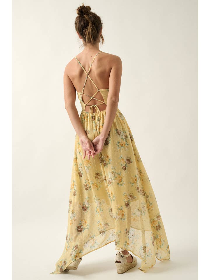 SUNSHINE Floral Swiss Dot Chiffon Handkerchief Maxi Dress for wholesale on Faire