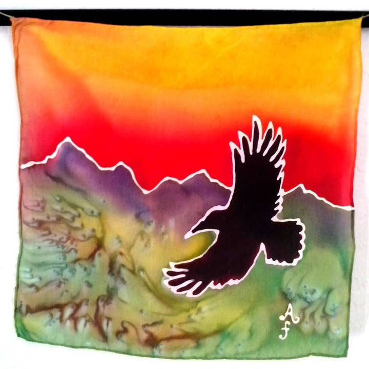 Arte do Corvo com Montanhas, Pintura Original em Seda por atacado de Alaska Paintings