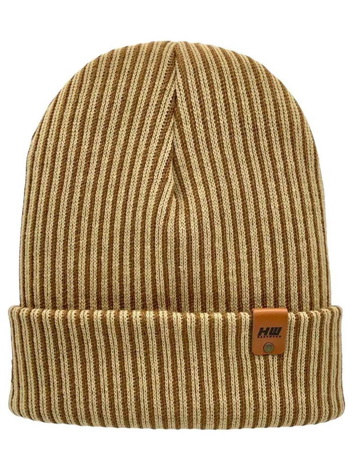 HAAKWEAR Cuffed Wide Ribbed Striped Beanie / Hat, Brown / Beige, Limited Edition - Made in USA for wholesale by HAAKWEAR Beanies