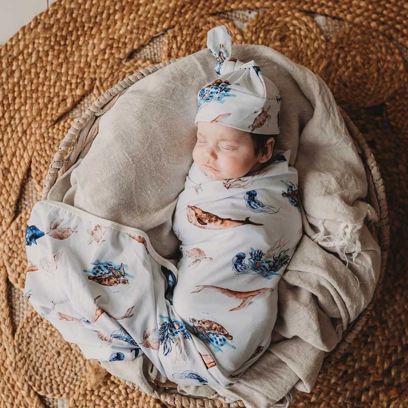 SNUGGLY JACKS - Wholesale Swaddle set – Baby - Ocean Jersey Swaddle Stretch Wrap & Beanie4