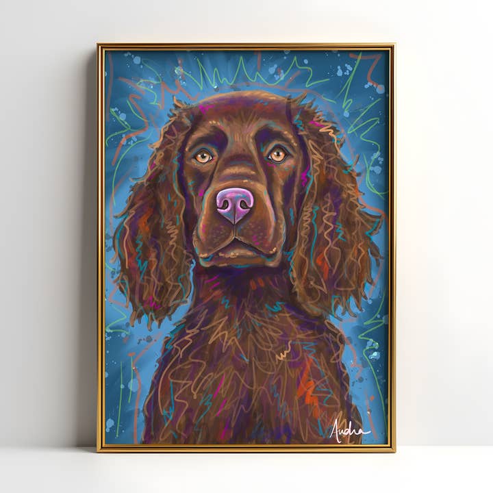 Boykin-Spaniel-Hundekunstdruck, Haustierkunst, Maximalistische Kunst, Dopamin-Dekor, Trendiges buntes Wandposter für den Großhandel von Audra Style