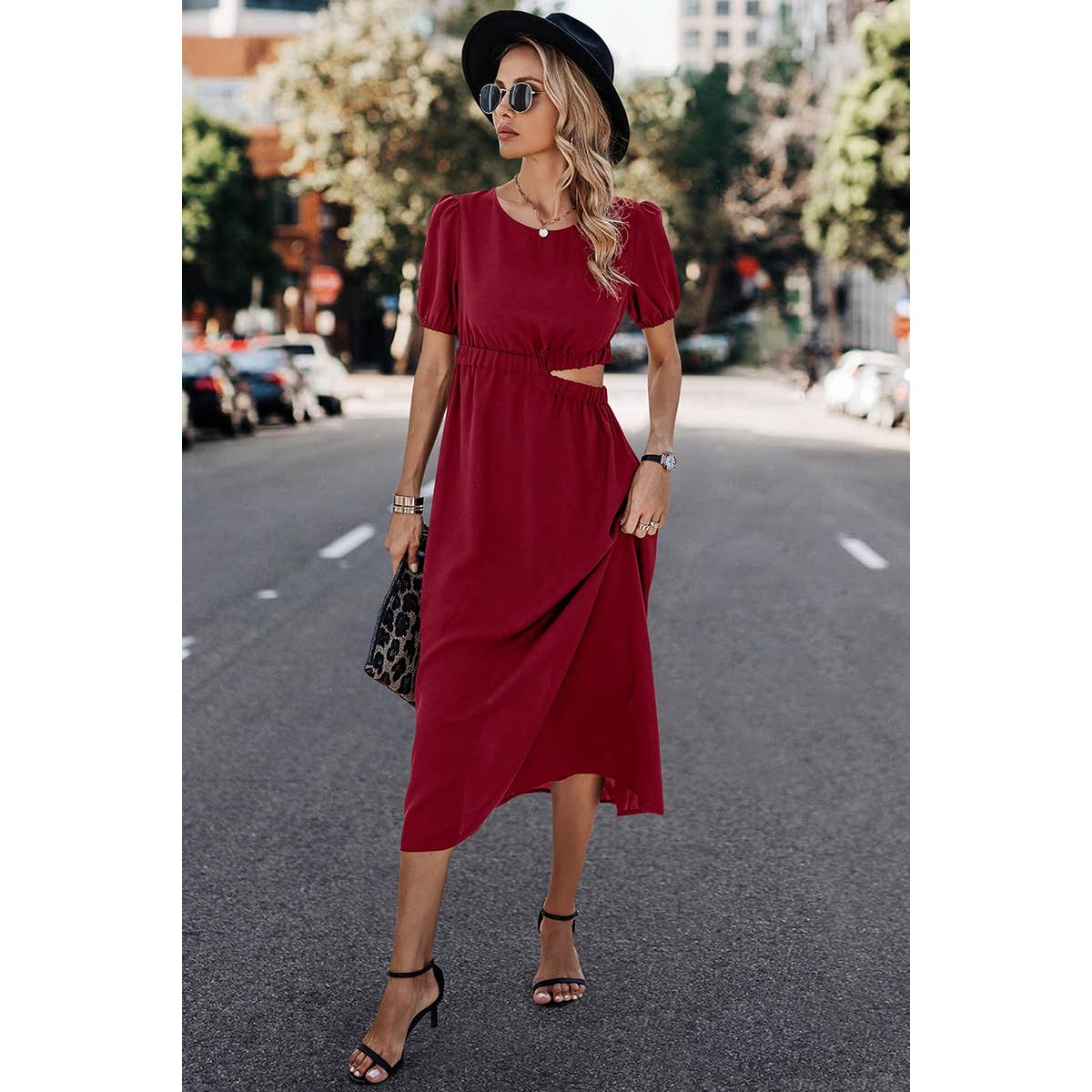 Elings - Wholesale Dress - Women's - Solid Round Neck Cutout Waist A Line Midi Dress7