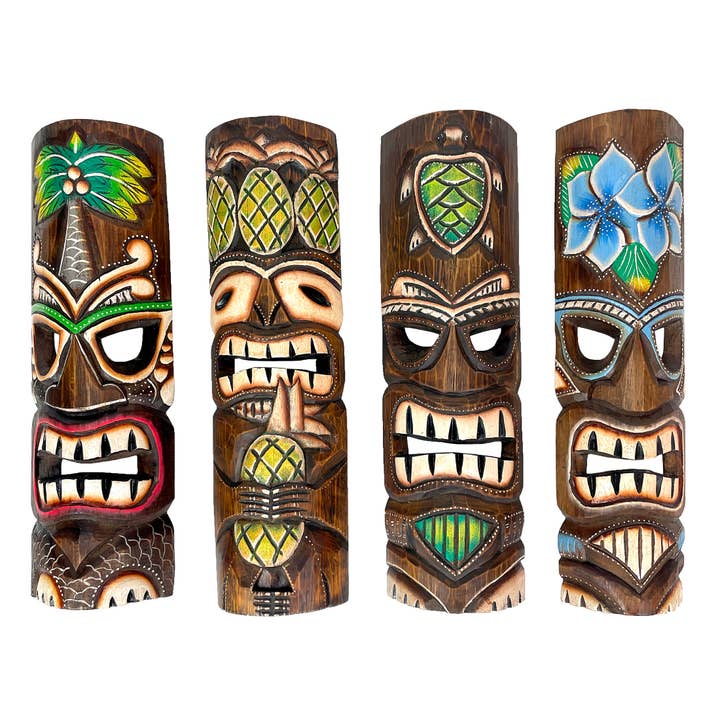 Set of 4 Hand-Carved Wooden Tiki Wall Masks, 20 Inch for wholesale by Zeckos