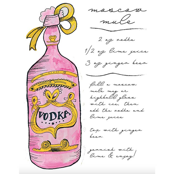 Carte de recette Moscow Mule - cocktail, boisson, vodka, aquarelle pour la vente par Kerry Quinn's Kitsch