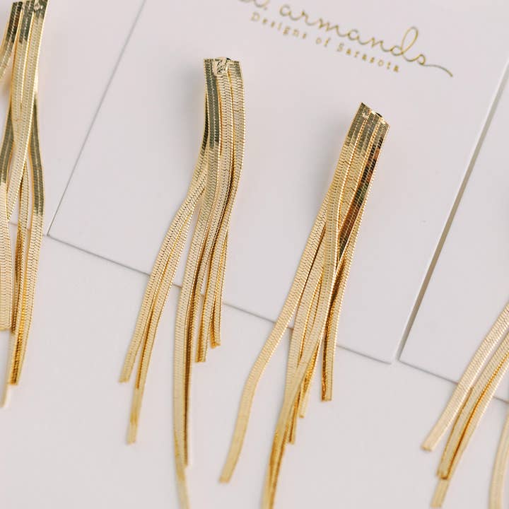 St Armands Designs of Sarasota - Wholesale Dangle earrings - Skinny Gold Cascading Tassel Minimalist Statement Earrings3