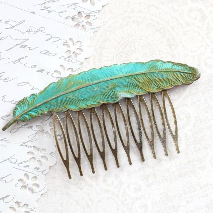 A Pocket of Posies - Wholesale Hair Pin - Big Feather Hair Comb - Verdigris Patina3