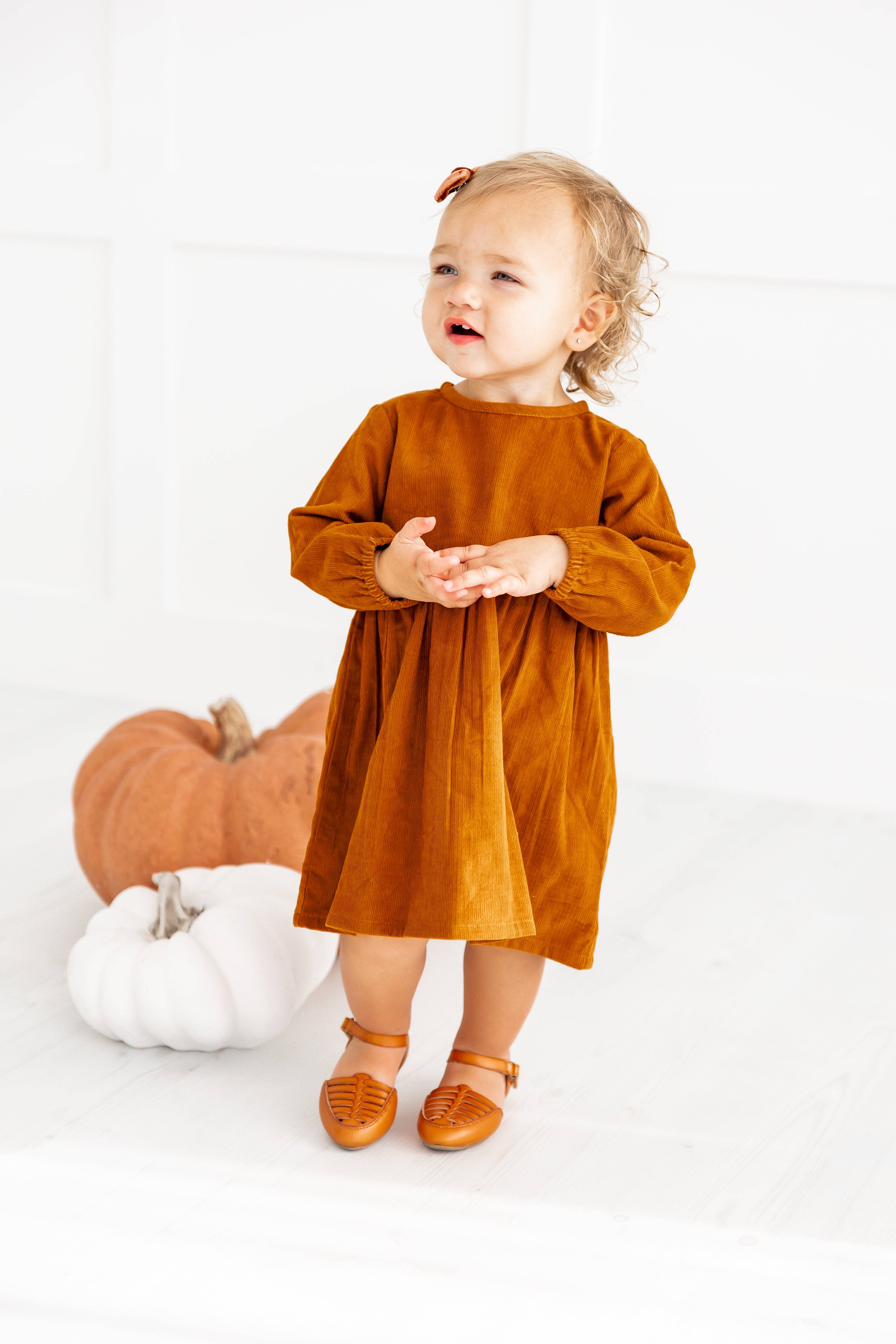 Yo Baby - Wholesale Dress - Kids - Rust Corduroy Solid Color Long Sleeves Gathered Dress7