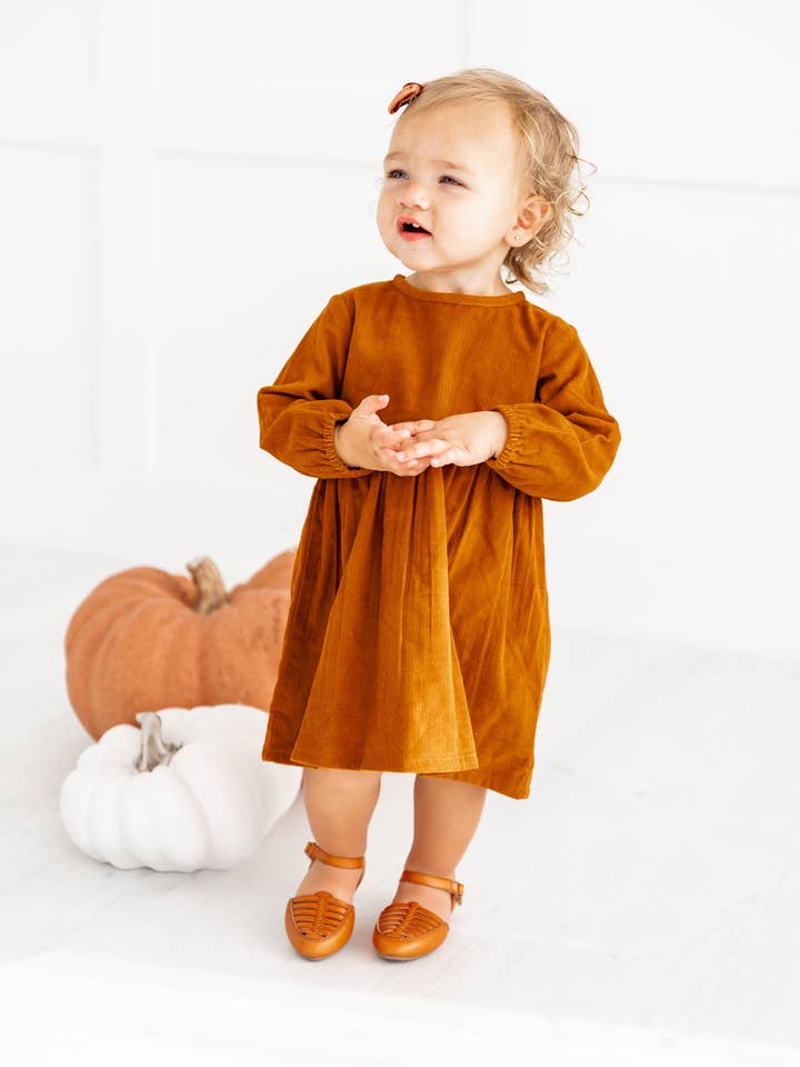 Yo Baby - Wholesale Dress - Kids - Rust Corduroy Solid Color Long Sleeves Gathered Dress7