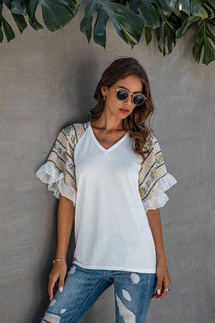 Supreme Fashion - Wholesale Blouse - Women's - Splicing Print V Neck Ruffle Elegant Top4