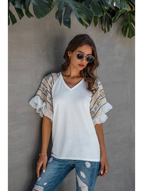 Supreme Fashion - Wholesale Blouse - Women's - Splicing Print V Neck Ruffle Elegant Top4