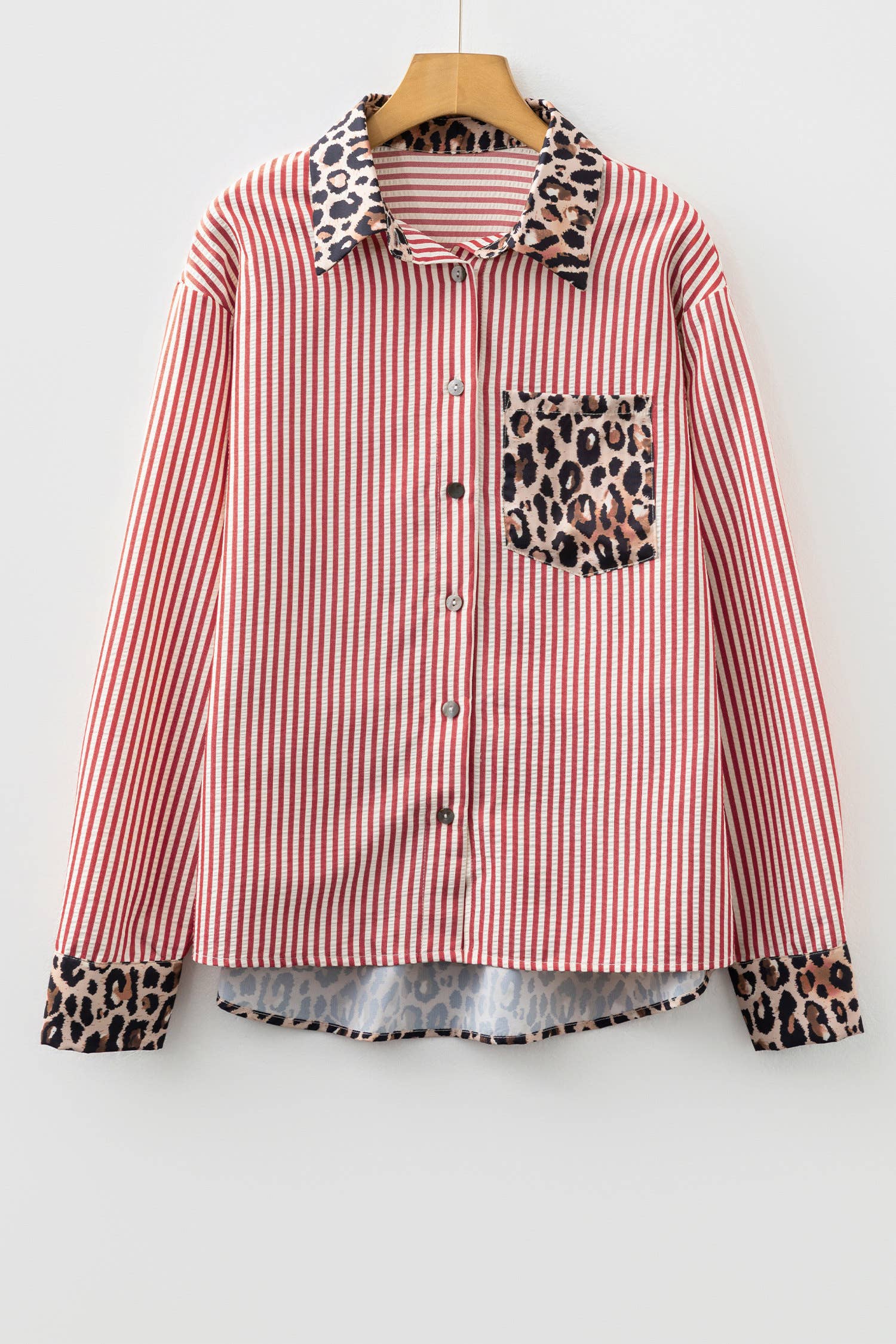 66DISCO - Wholesale Button Down Shirt - Women's - Spring 2026 Chic Contrast Leopard & Stripes Button Shirt3