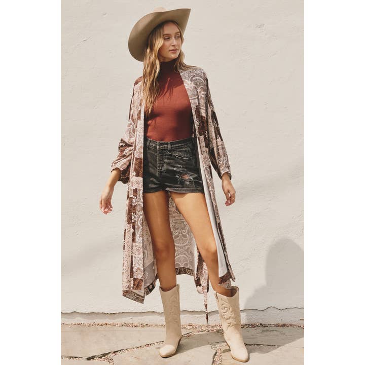 Kimono met patchwork en bubbelmouwen met bloemenprint voor wholesale door Dress Forum