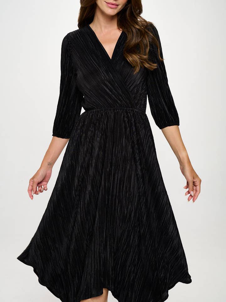 Made in USA Plisse V neck Dress with Asymmetrical Hem for wholesale by Renee C.