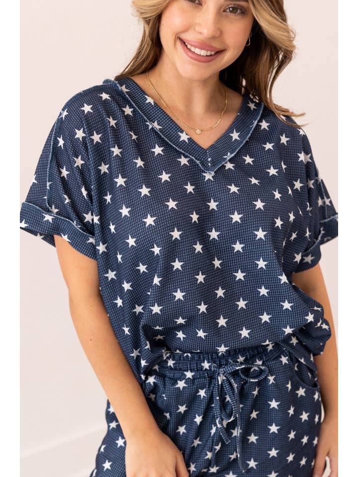 Blue The Lucy Navy Stars Waffle Knit Top for wholesale on Faire