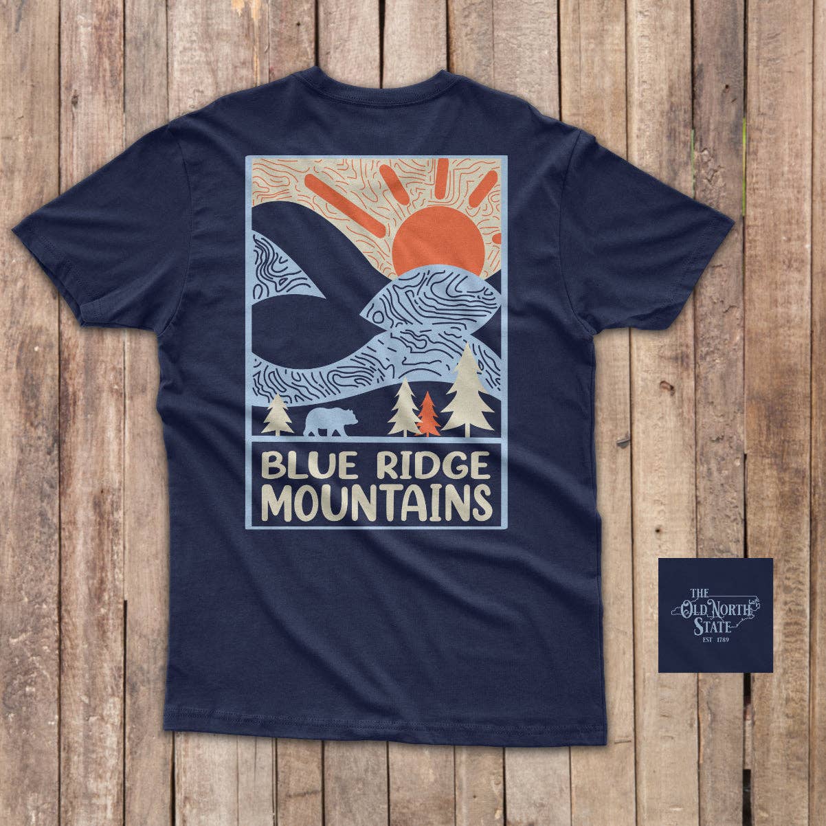 The Old North State - Wholesale Screen Printed T-Shirt - Unisex - Blue Ridge Mountains0