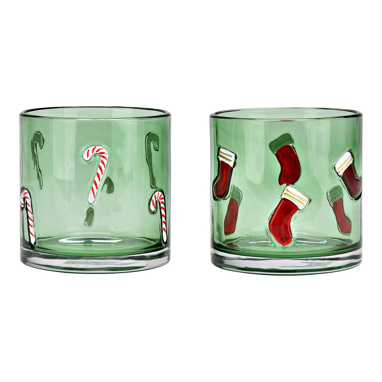 Wurm - Wholesale Kaarsenhouder - Windlicht Suikerstokken/Sinterklaasschoen Decoratie van glas, 2-delig, Groen/Rood (B/H/D) 10x10x10cm0