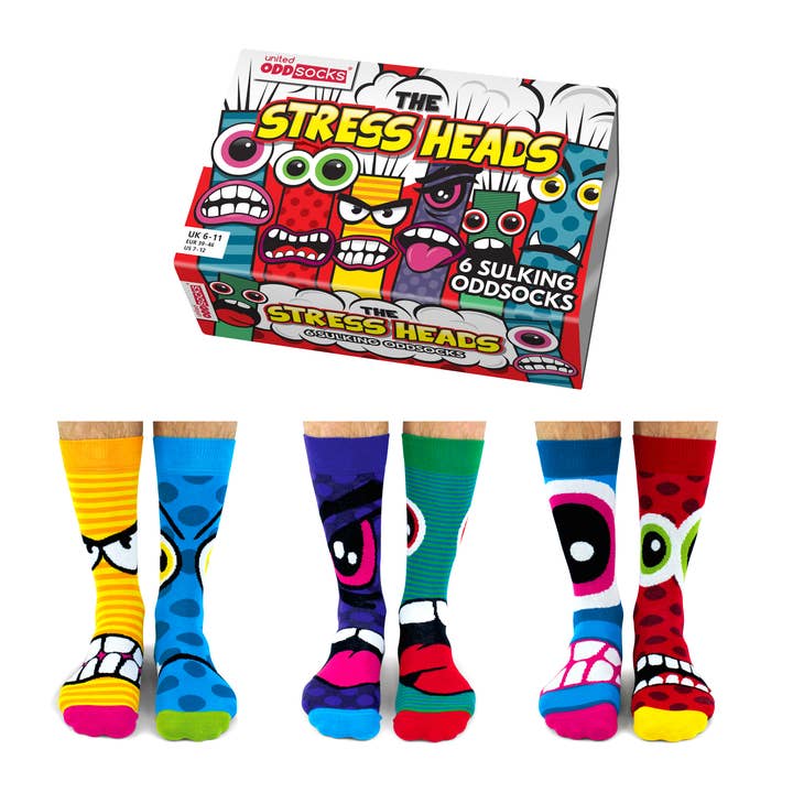 Sock Academy – wholesale Socks – Unisex – THE STRESS HEADS | 6 Odd Socks Gift Box - United Oddsocks1