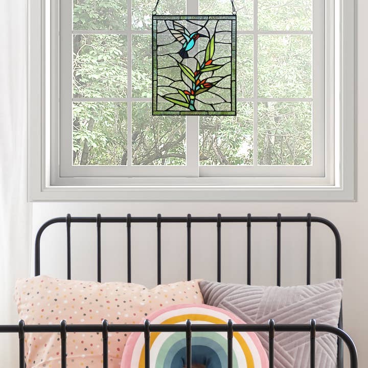 River of Goods - Wholesale Decorative Panel - 10"H Happy Hummingbird Stained Glass Window Panel