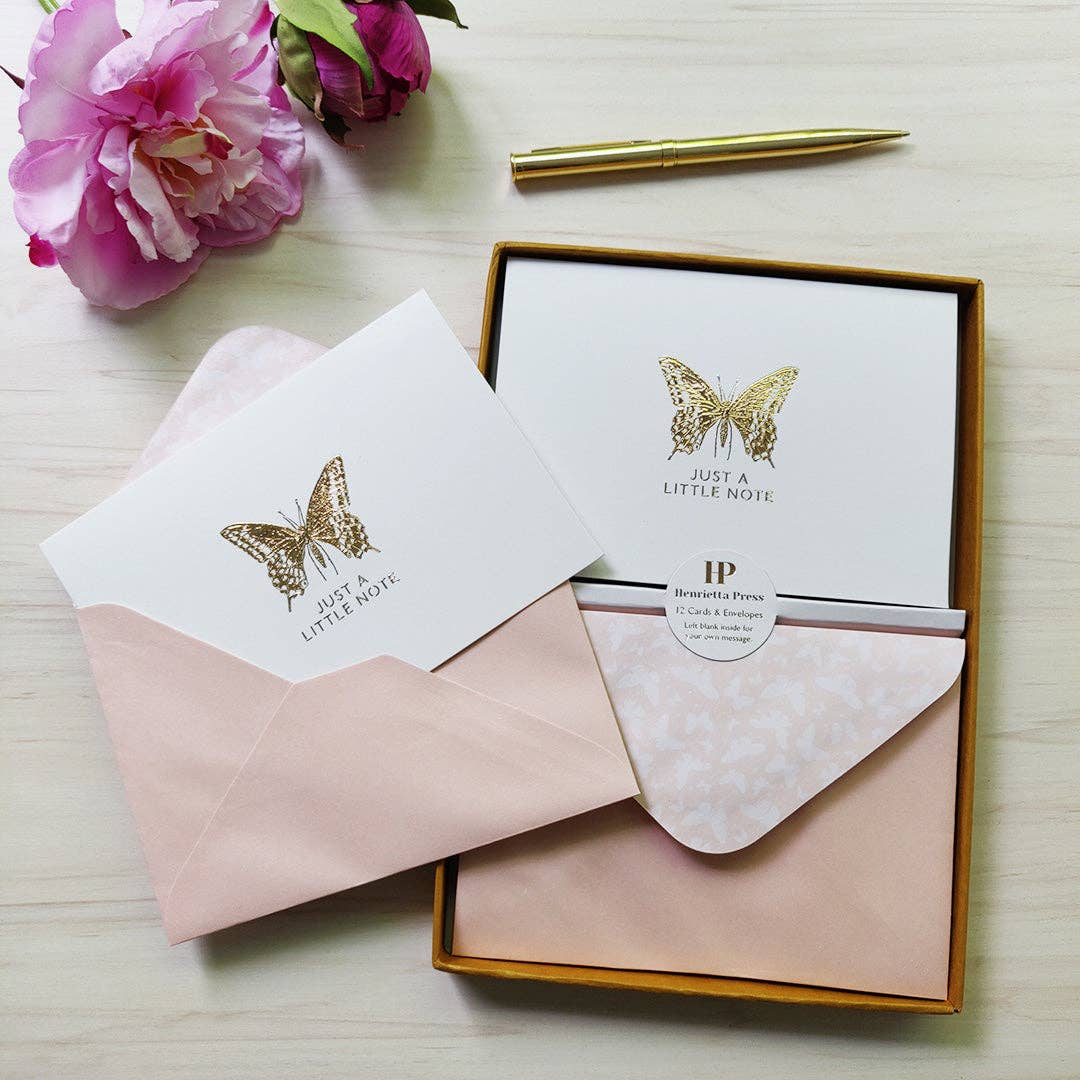 Robert Frederick Ltd – wholesale Stationery/notecard set – 12 Notecards and Envelopes in Gift Box - “Just A Little Note” Butterfly Design2