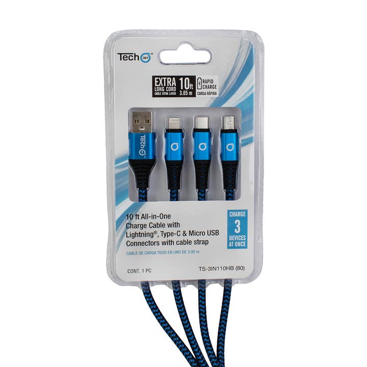iTech361 - Vente Câble de charge - CÂBLE DE CHARGE TRESSÉ TOUT EN UN DE 10 PI AVEC SANGLE