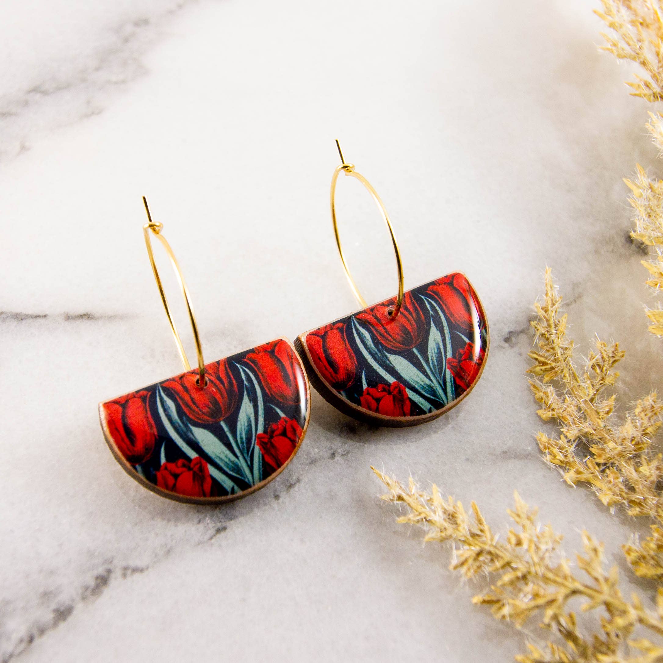 No Man's Land - Vente Boucles d'oreilles pendantes - Créoles vintage en forme de tulipe rouge0