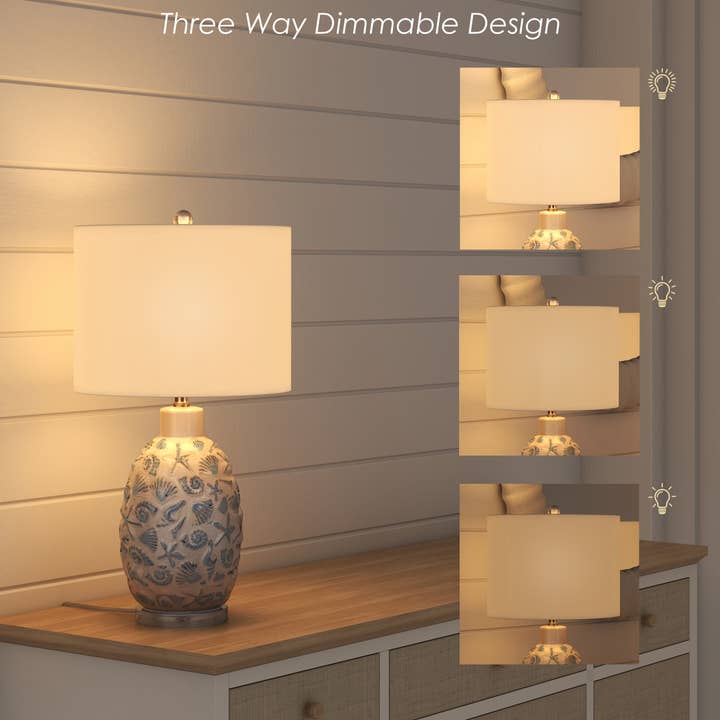 White Blue Ceramic Sea Shell Table Lamps, 3-Way Switch (2-Pack) for wholesale on Faire