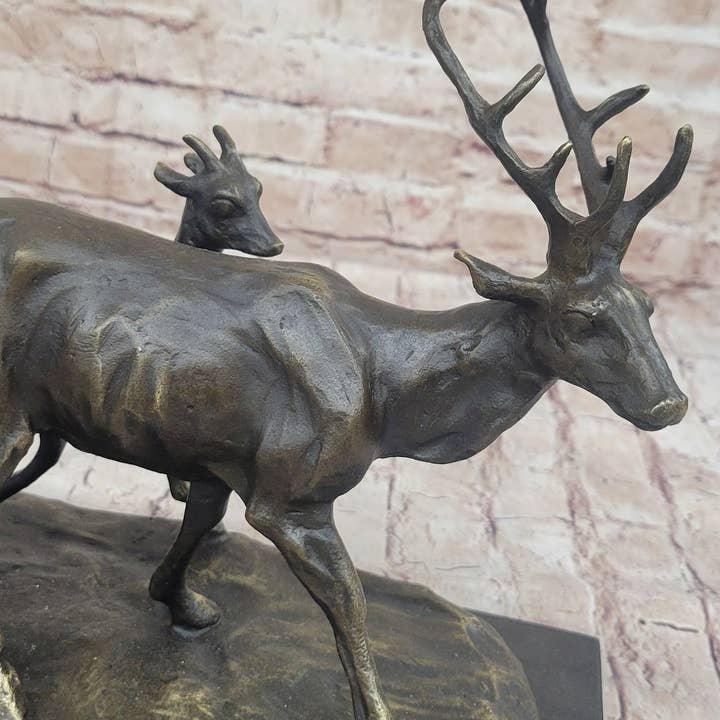Bronzhaus - Wholesale Sculpture - Deer Buck Elk and Doe Fawn Caribou Reindeer Bronze Statue Sculpture Marble Base 11" x 13"