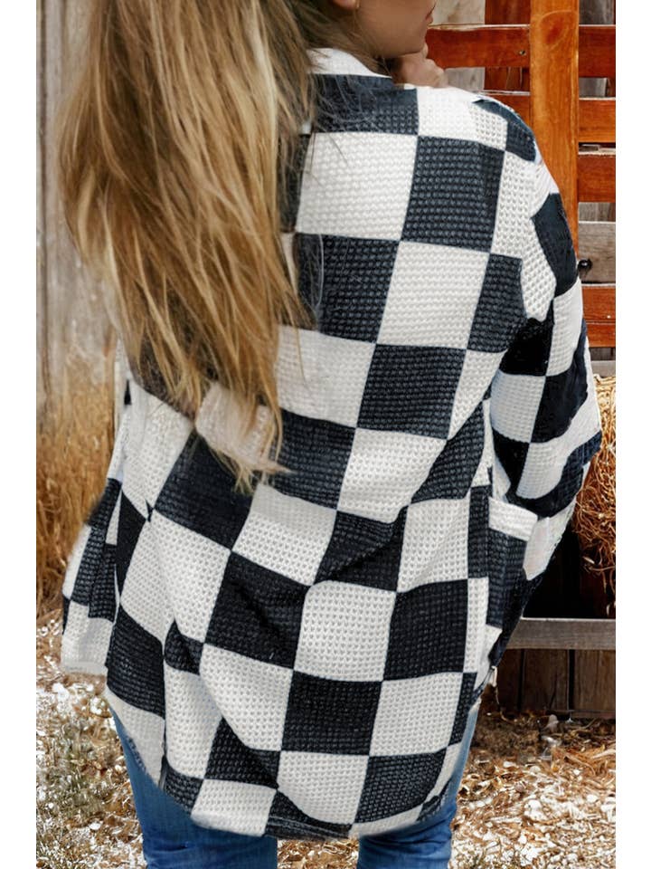 As shown Fashion Checkered Waffle Knit Thumbhole Open Front Cardigan for wholesale on Faire