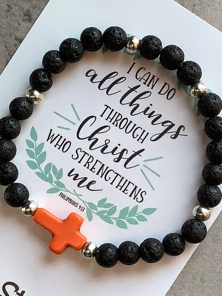 Christian Cross Lava & Tibetan Bead Stretch Bracelet Gift for wholesale by Faithstrings