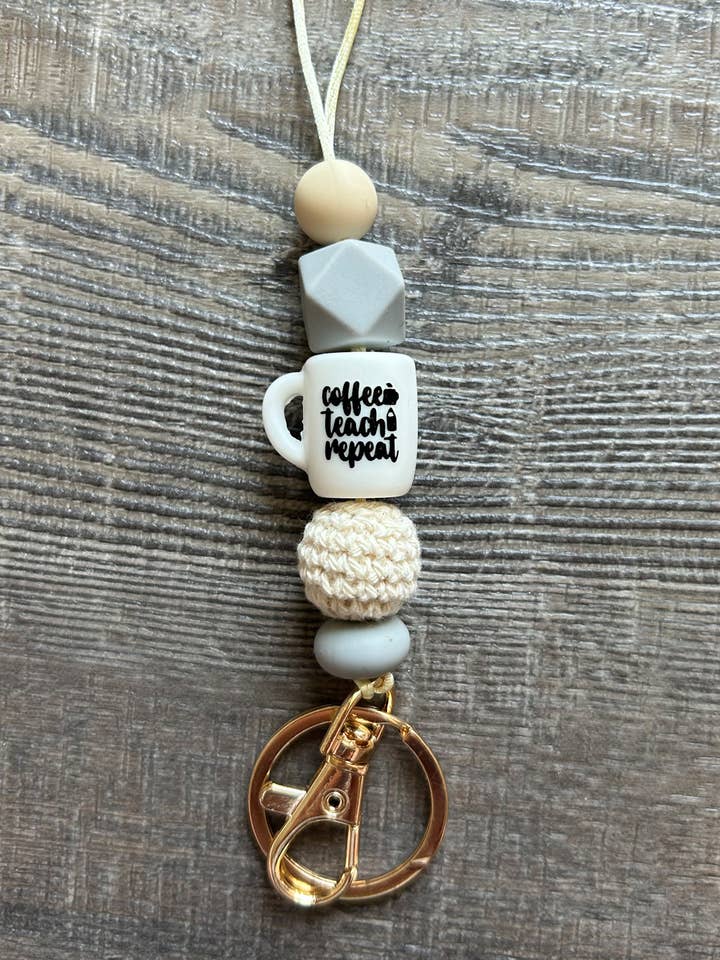 Grey Coffee Teach Repeat Silicone Bead Lanyard for wholesale by JILLIAN INK LLC
