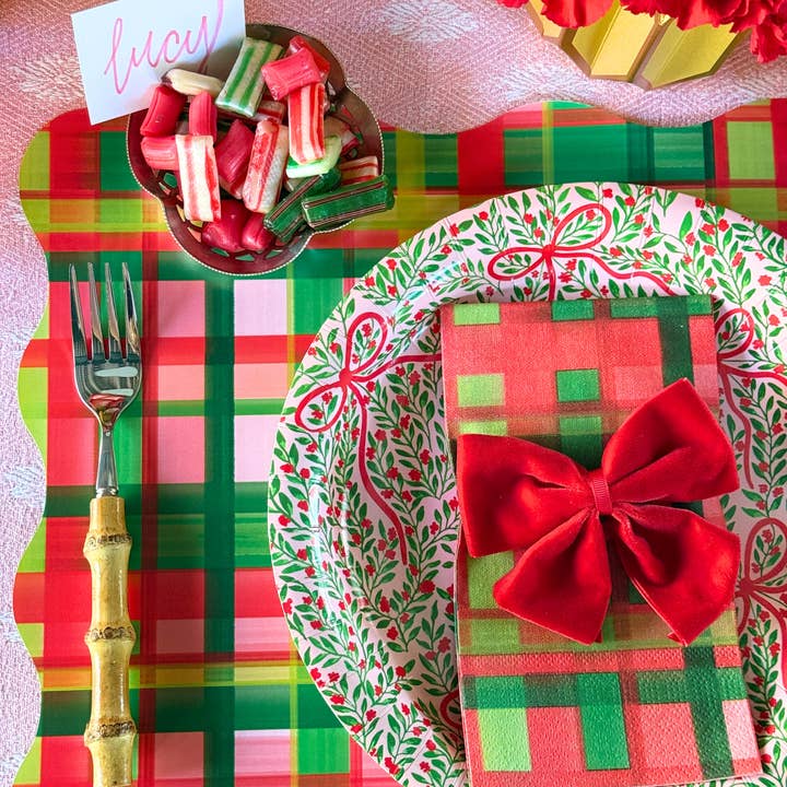 Lucy Grymes Designs - Wholesale Disposable placemat - Holiday Plaid Scalloped Rectangle Paper Placemat | Set of 243