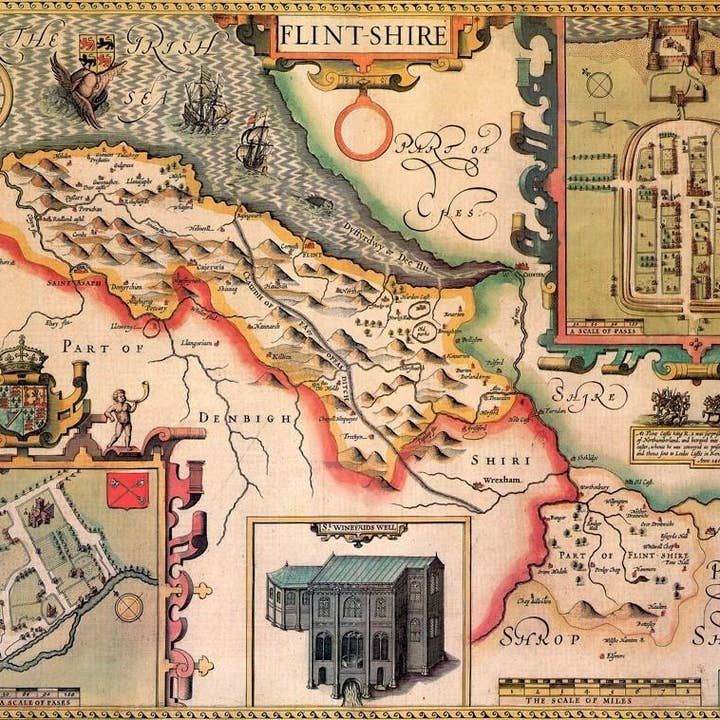 Mappa storica del Flintshire (1610) per la vendita all'ingrosso da parte di Map Marketing Limited