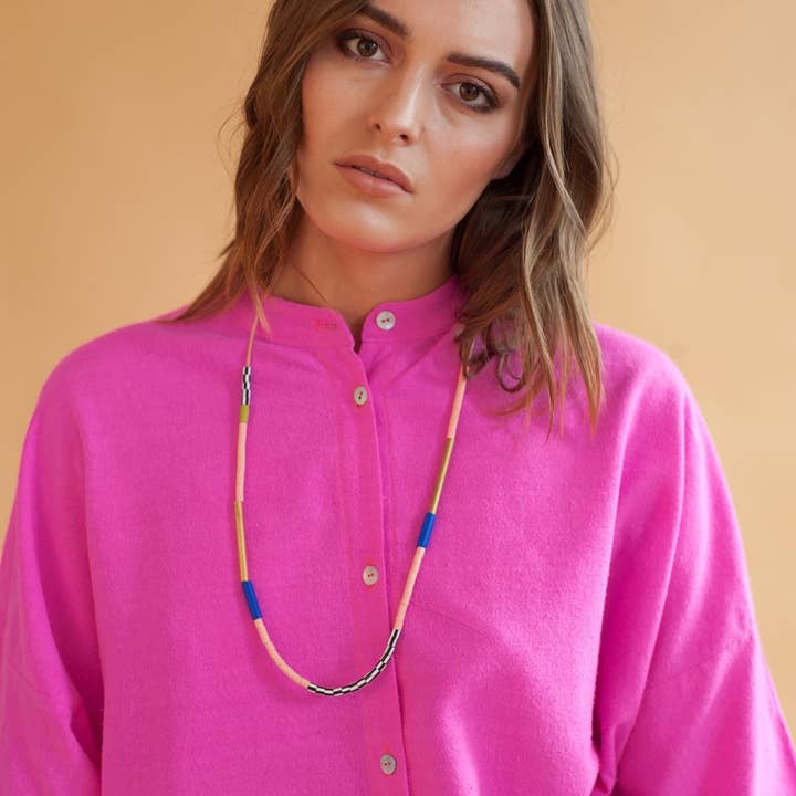 Loela - Wholesale Beaded/Pearl Necklace - Blue and Salmon Block Necklace1