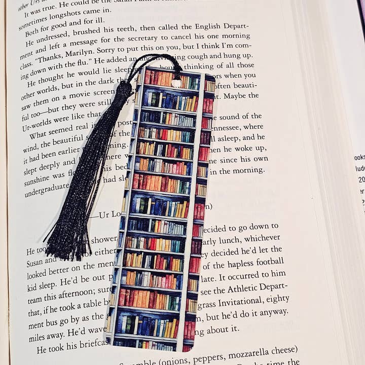 White and Blue Bookshelves - Thin Acrylic Bookmark for wholesale by Jedi Woods LLC