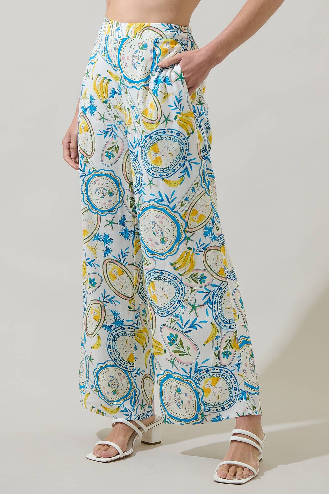WHITE BLUE YELLOW Harvest Island Elena Floral Wide Leg Pants for wholesale on Faire2