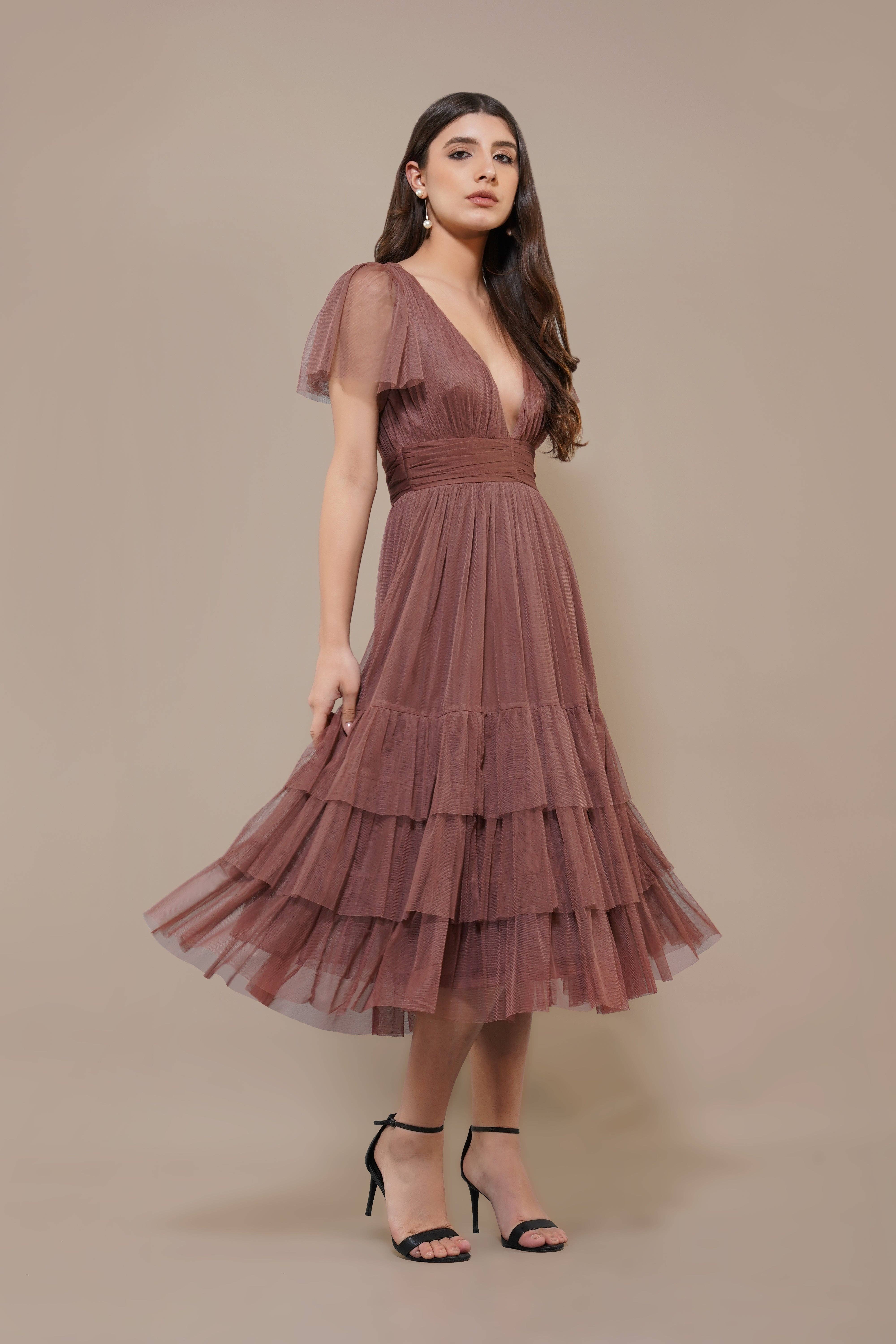Madison Rose Brown Tulle Bridesmaid Midi Dress for wholesale on Faire1