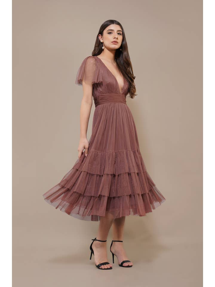 Madison Rose Brown Tulle Bridesmaid Midi Dress for wholesale on Faire1